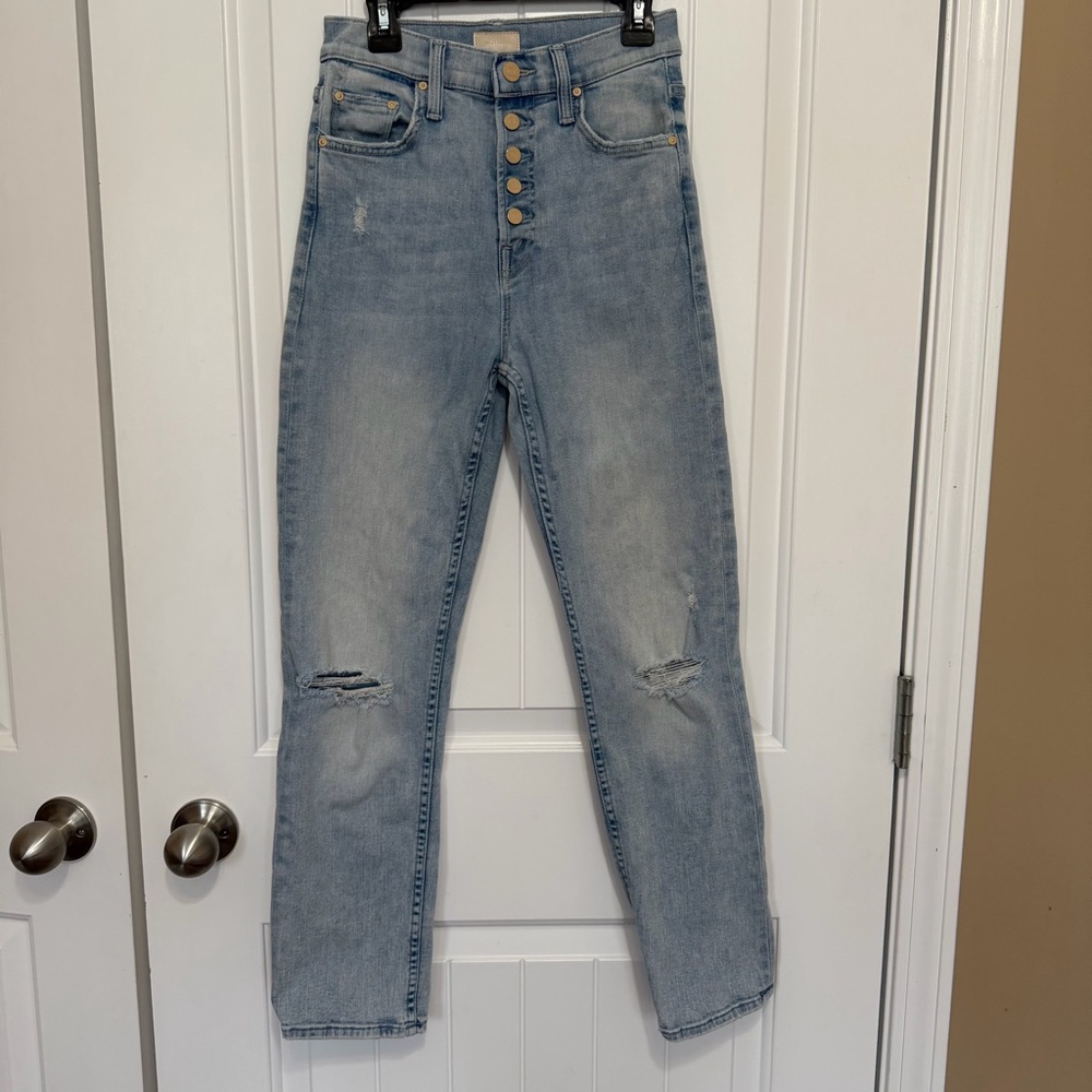 Mother Jeans The Pixie Tomcat Ankle Women’s 25 Distressed Denim Blue Button Fly